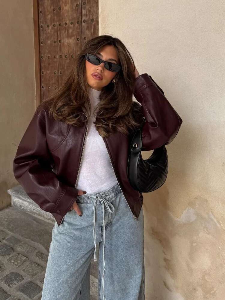 Fashion Solid Pu Leather Women's Warm Jacket Elegant Long Sleeves Zipper Crop Coats 2024 Autumn Female Commuting Street Tops