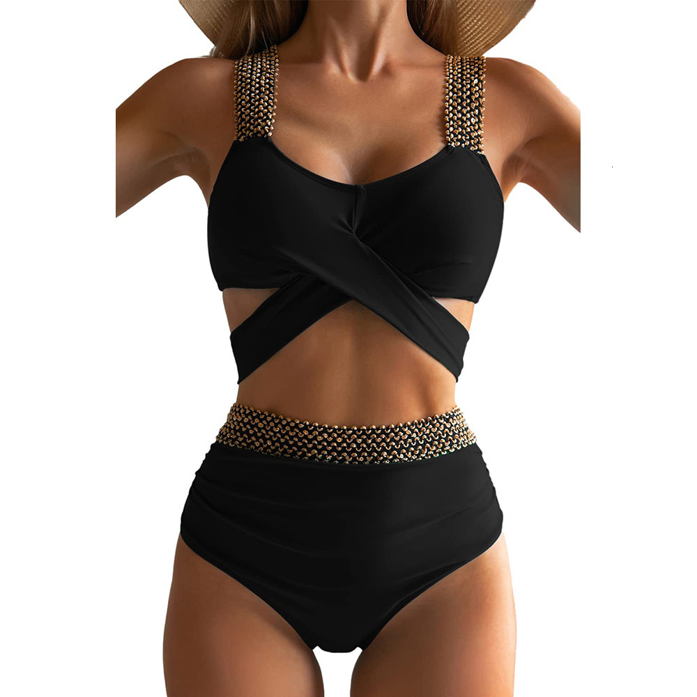 new sexy sequin panel strap paired with solid color cross tie women's bikini swimsuit