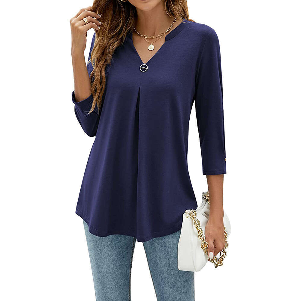 2025 autumn winter popular 3/4 sleeve V-neck nail buckle pleated T-shirt top, women's new style, chic and elegant clothing