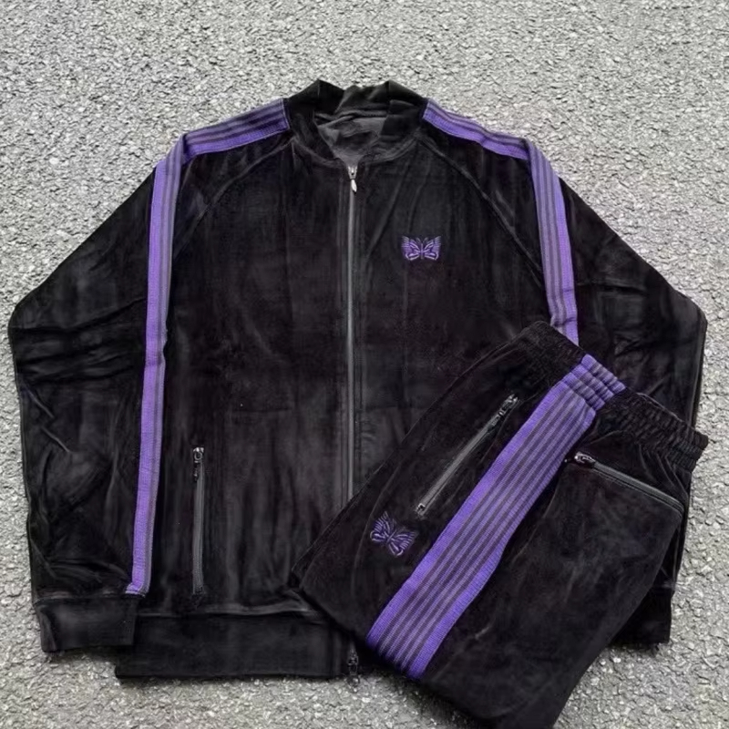 Velvet Black Side Stripes Unisex Set Embroidered Jacket Casual Loose Men Women Pants Tracksuit with Tag