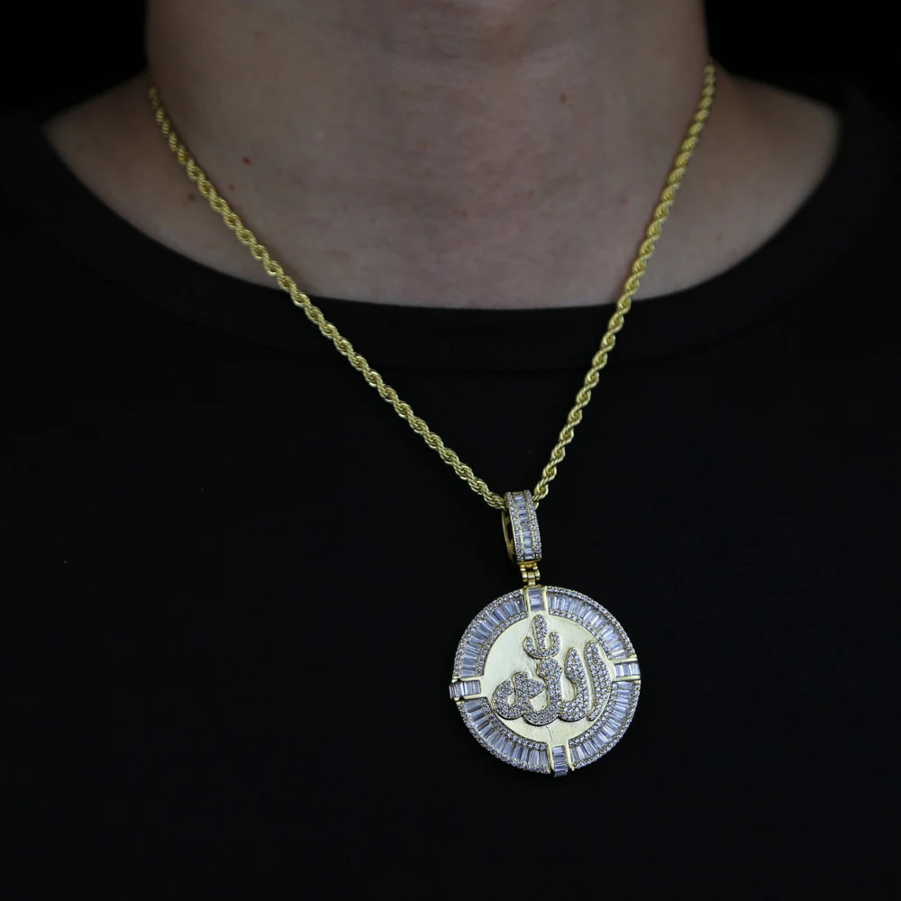 Iced Out Silver Color Round Muslims Necklace Pave Zircon Rectangle CZ Pendant Women Men Hip Hop Jewelry 250109