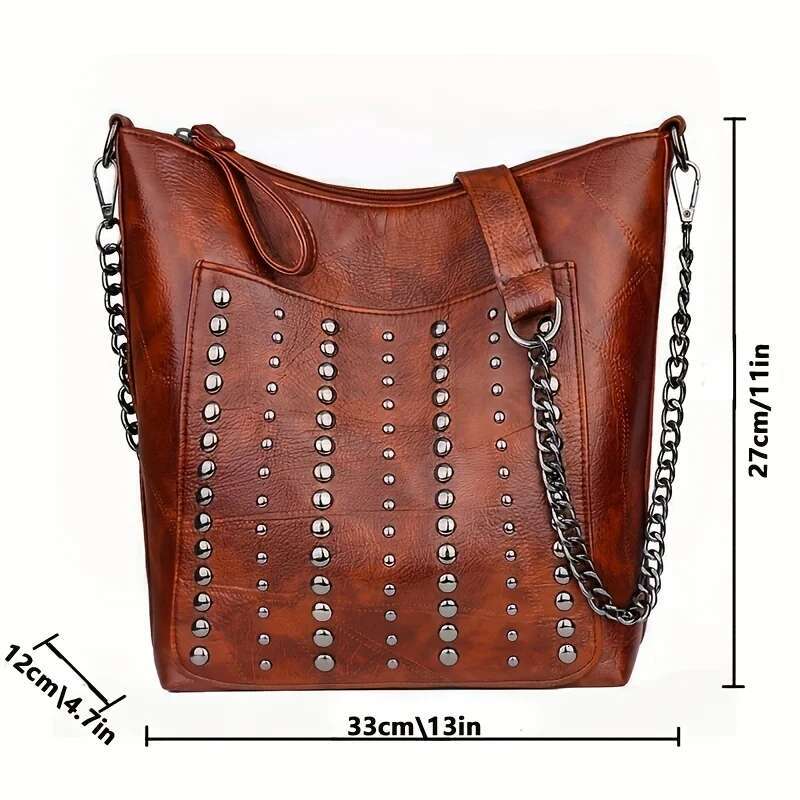 Vintage Studded Versatile Rivet PU Leather Shoulder Large Capacity Zipper Punk Style Trendy Crossbody Bag