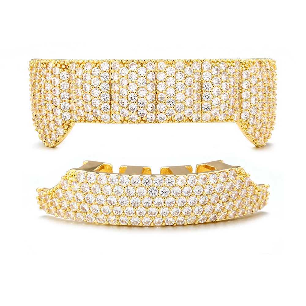 Geometric Heavy CZ Teeth Grillz Caps Cubic Zircon Iced Out Micro Pave Top Bottom Charm Grills For Men Women Hip Hop JewelryXJ250114