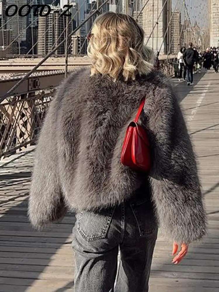Fluffy Fur For Women Winter Elegant Long Sleeve Faux Furry Jacket Female Round Neck Chic Lady Street Warm Short Coat