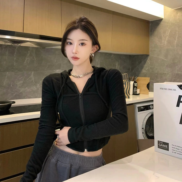 Y2k Crop Tops Fashion Hoodies for Women Ropa Mujer Tunic Casual Hooded Jackets Korean Streetwear Knitted Sweatshirt 250116