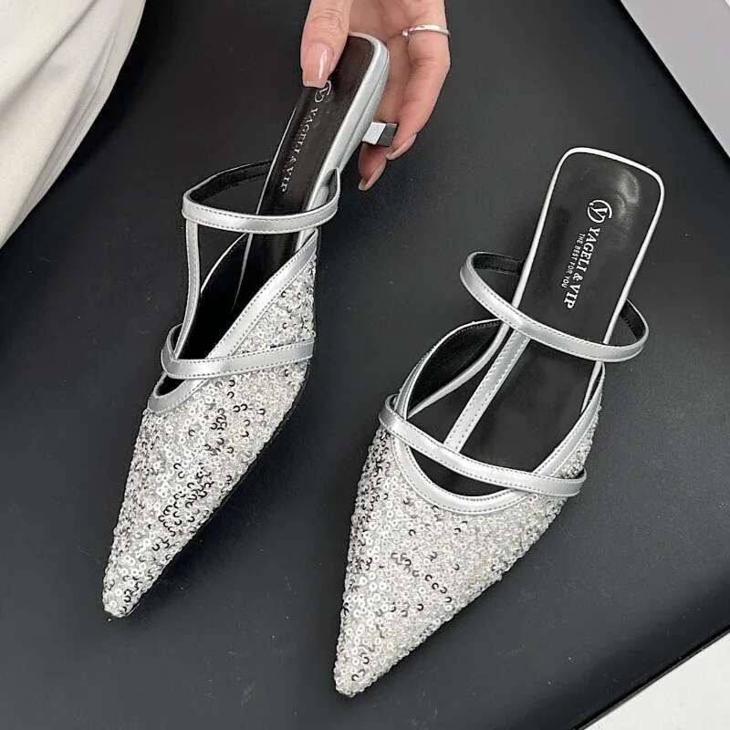 Summer Pointed Toe Mules Women Low Heel Shiny Dress Shoe Female Shallow Comfy Fashion Sgback Sandals Atos De Mujer
