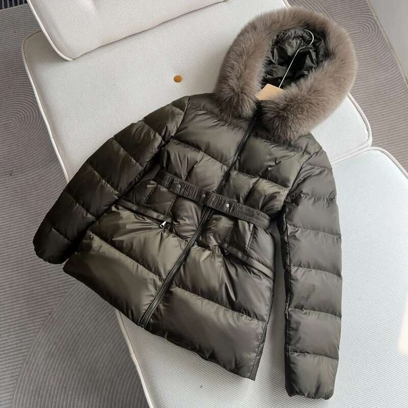 Janveny 2024 New Winter Hooded Short Large Fox Fur Feather Neck Duck Down Coat Women Waist Slim Fit Puffer Lightweight Jackets