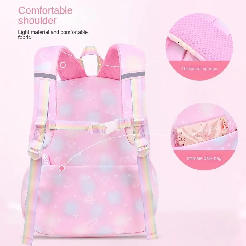Waterproof Rainbow Schoolbag Student Girls Childrens Princess Refrigerator Door Backpack Spine Protector Shoulder Bags Cute 250109