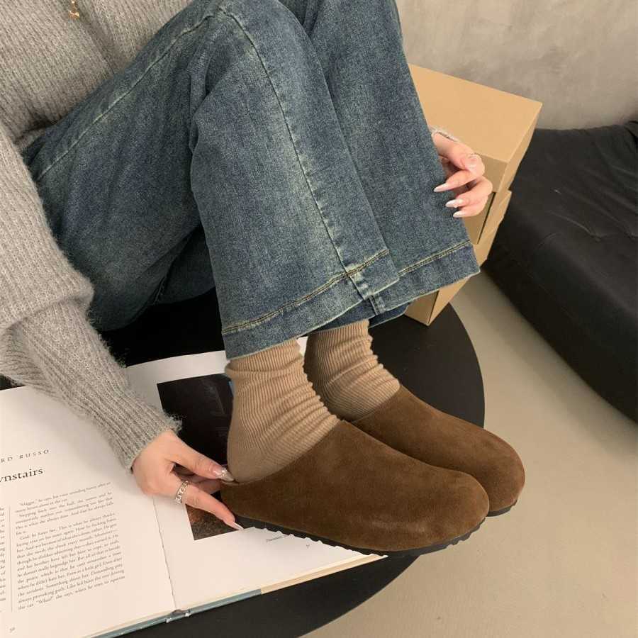 sandals slides slippers clogs Boken spring and autumn new item frosted thick sole versatile half drag one foot on cork lazy womens shoes