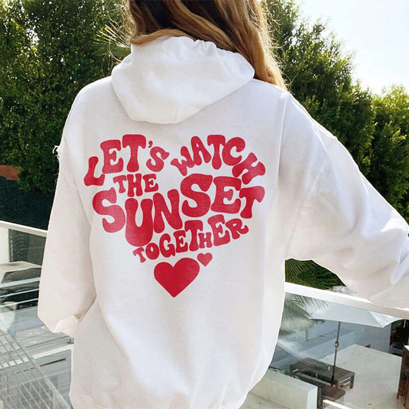 New fleece women's letter slogan printed with drawstring off shoulder sleeves hooded sweatshirt