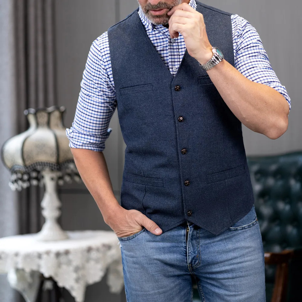 V Neck Mens Suits Vest Casual Classic Formal Business Herringbone Tweed Slim Fit Waistcoat For Wedding Groomsmen 250114