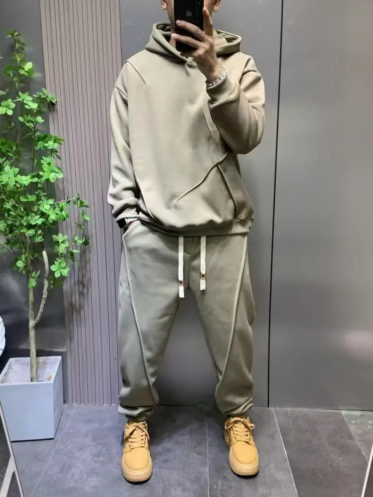 Autumn Winter Youth Tracksuit Solid Hooded Sweatshirt Sweatpants Casual Set Mens Fashion Versatile Shirt Two-piece Set Handsome 250109