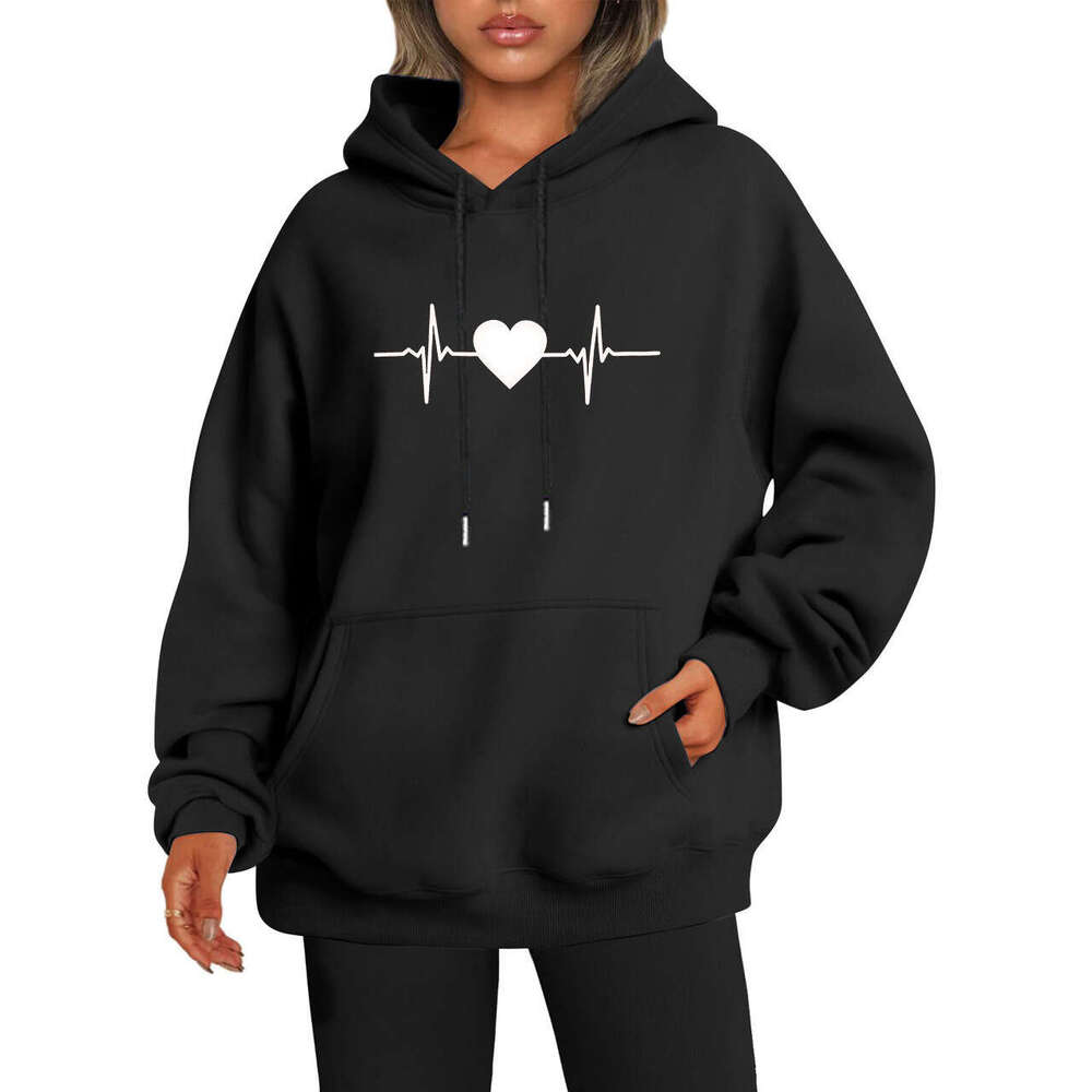 loose casual lapel with heart-shaped printed hoodie, women's clothing