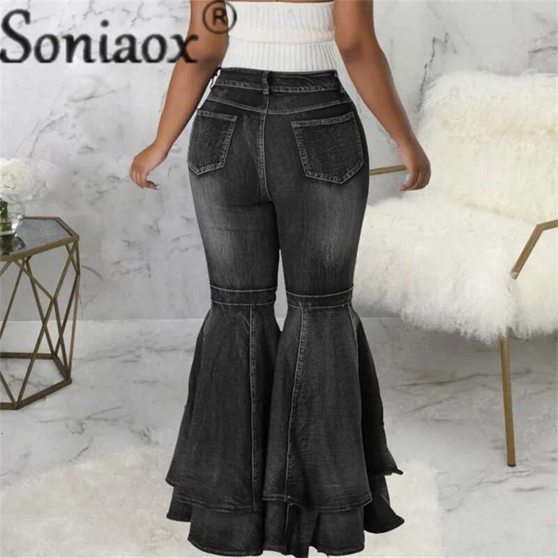 Fashion Splicing Layers Flared Jeans Women High Waist Comfortable Commuter Denim Pants Female Casual Stretch Wide Leg Trousers