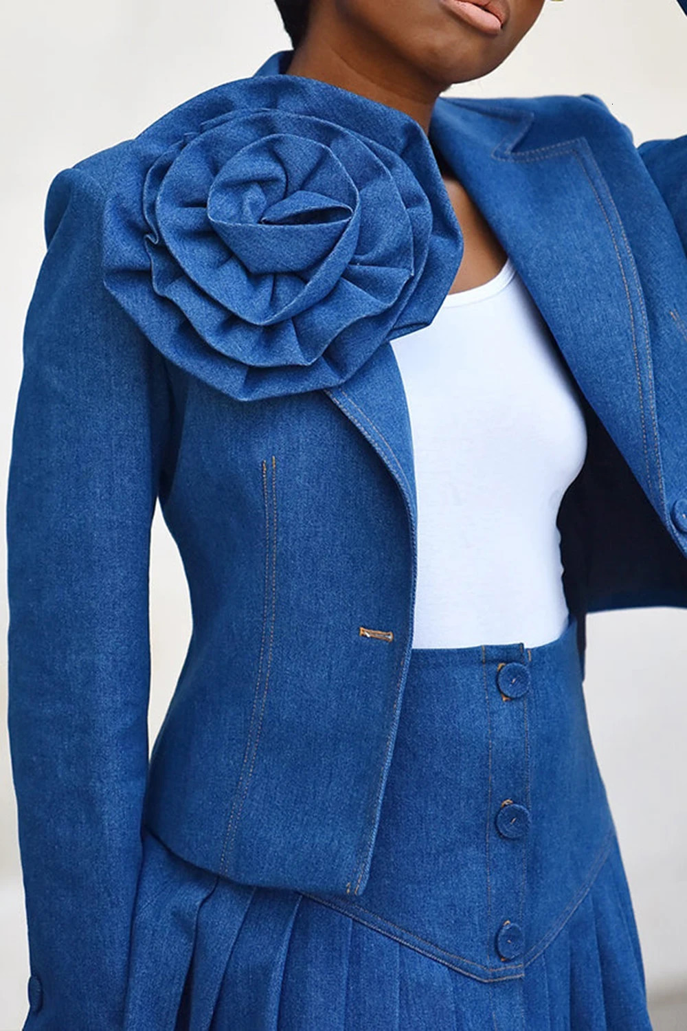 Plus Size Business Casual Blue Turndown Collar Long Sleeve 3D Pleated Denim Two Piece Skirt Sets 250109