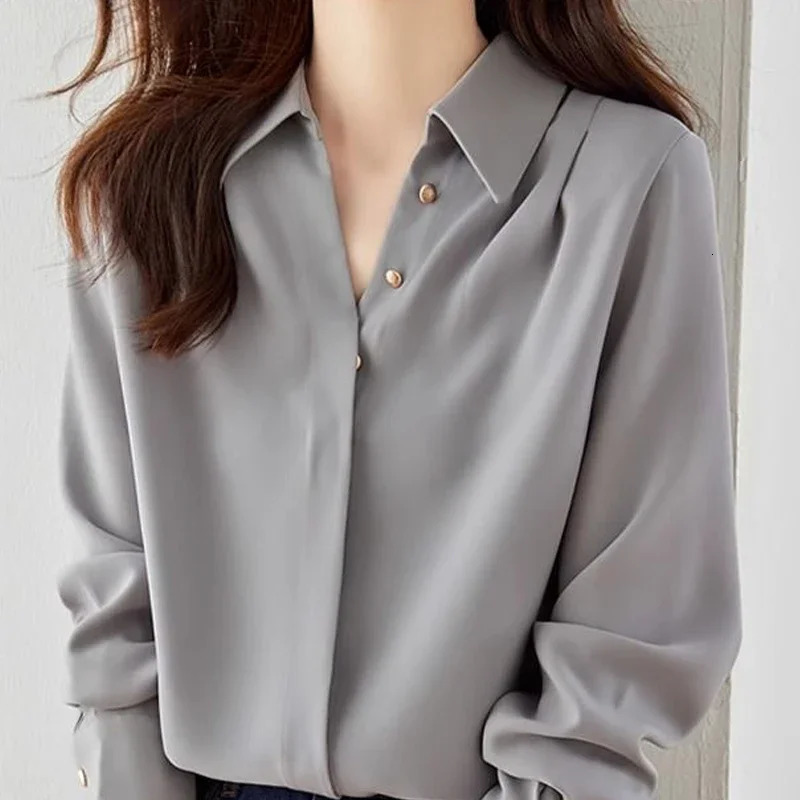 Autumn Original Fashion Casual Loose Gray Long Sleeved Shirt Loose Retro Comfortable Solid Color Womens Top 250107