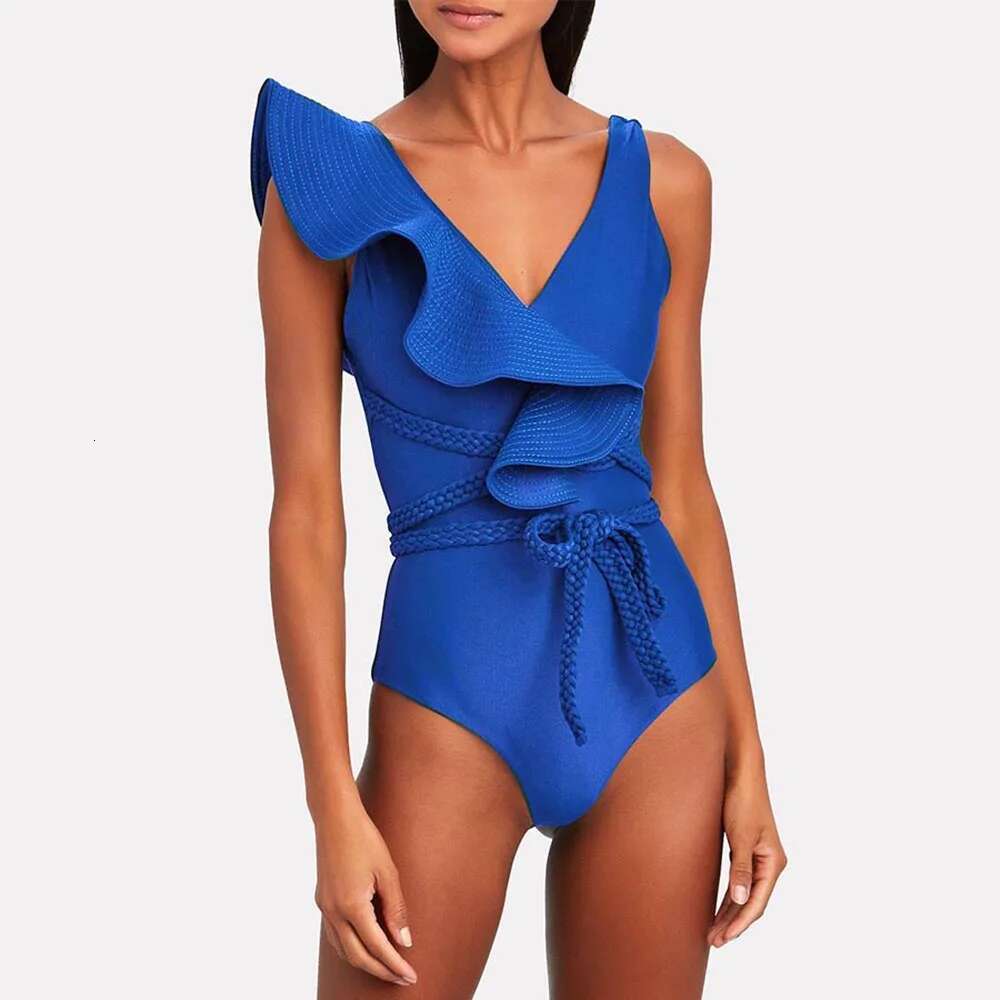 2025 New Sexy Ruffle Solid Black Piece Strappy One Shoulder Swimwear Women Swimsuit Bathing Suit Backless Beach Wear Monkini