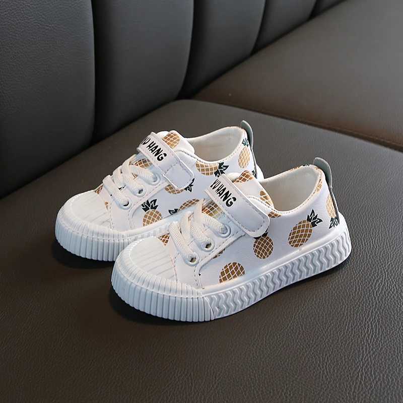 Hot sale pineapple strawberry spring and autumn new soft sole girls children students casual non-slip PU leather sports shoes XJ250712