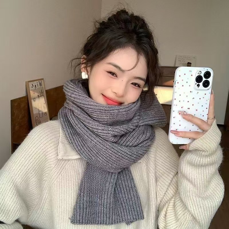 T097 Korean new white pure color knitted scarf winter women's soft atmosphere student wool warm neck scarf