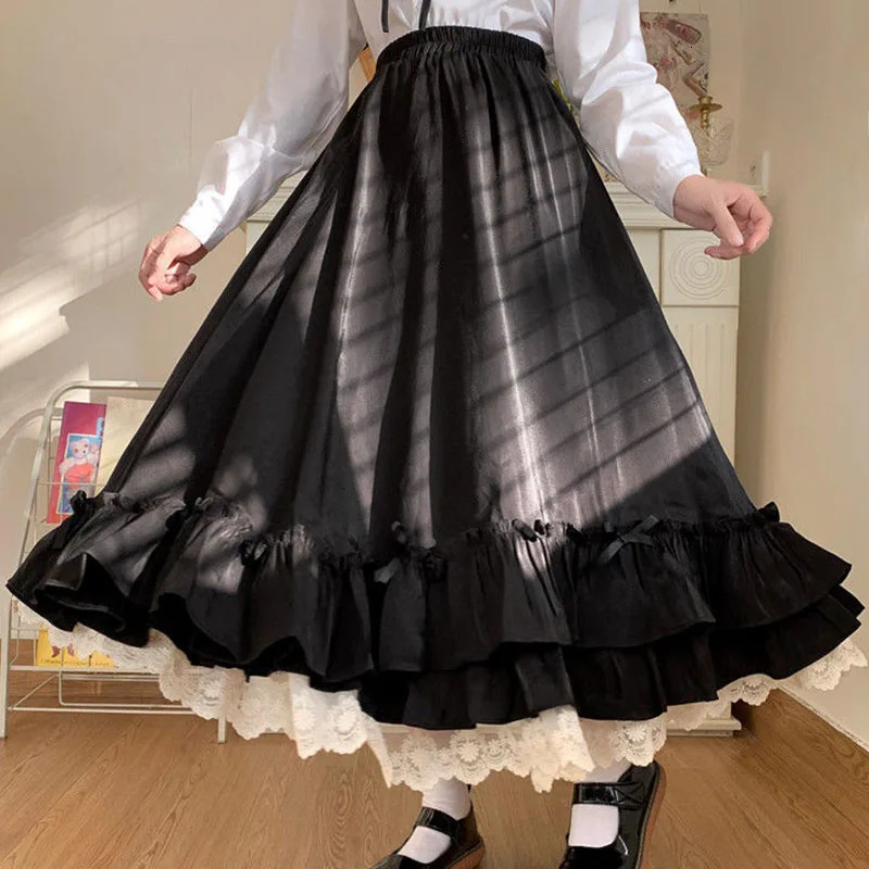 Japanese ruffles pleated skirt woman sweet high waist loose Anklelength skirts women college style black patchwork Aline 250108