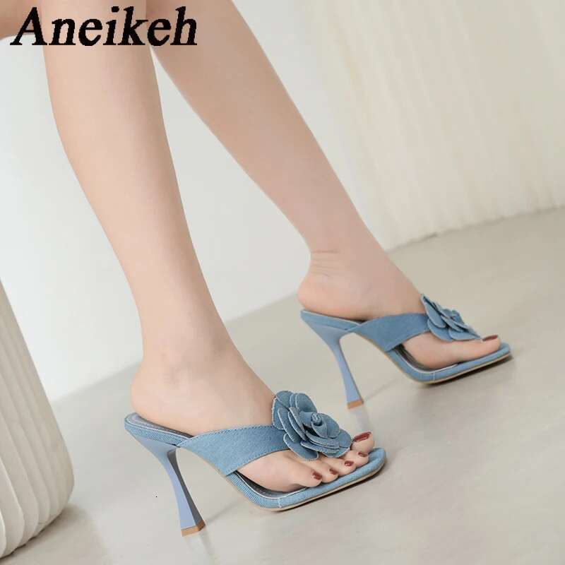 Aneikeh New Denim Wers Clip Style High Heels Sandals Summer Square Toe Slip On Fashion Designer Ladies Shoes Size 35-42