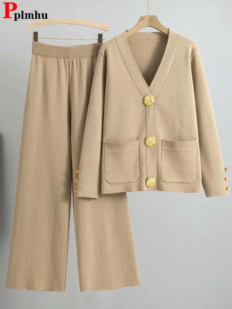 Elegant Knitted Sweater 2 Piece Set Loose Single Breasted Cardigan Tops Conjuntos High Waist Ankle Length Pants Tracksuit 250109