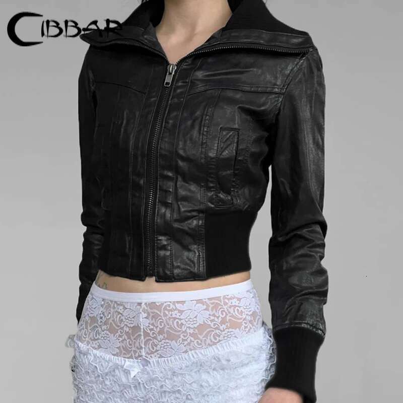 CIBBAR Punk Style Black Leather Jacket Full Zip-Up Turtleneck Long Sleeve Cropped Jackets Women Streetwear Patchwork PU Coat Y2k