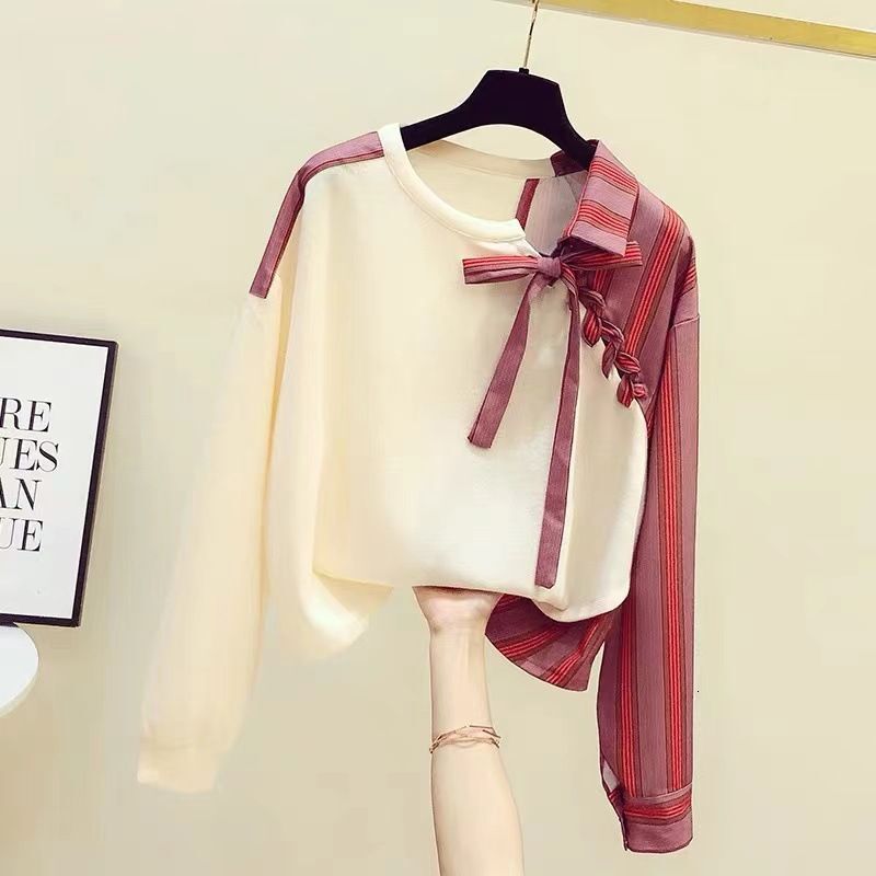 Women's Clothing Striped Splicing Sweatshirt Two-Piece Shirt Irregular Long Sleeve Casual