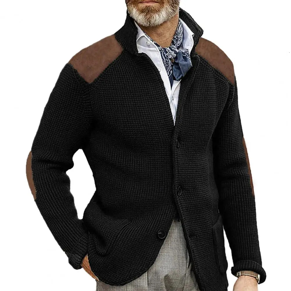 Autumn Winter Men Knit Cardigan Single Breasted Turn Down Collar Knitted Sweater Jackets Fashion Patchwork Male Sweater Coat 250113