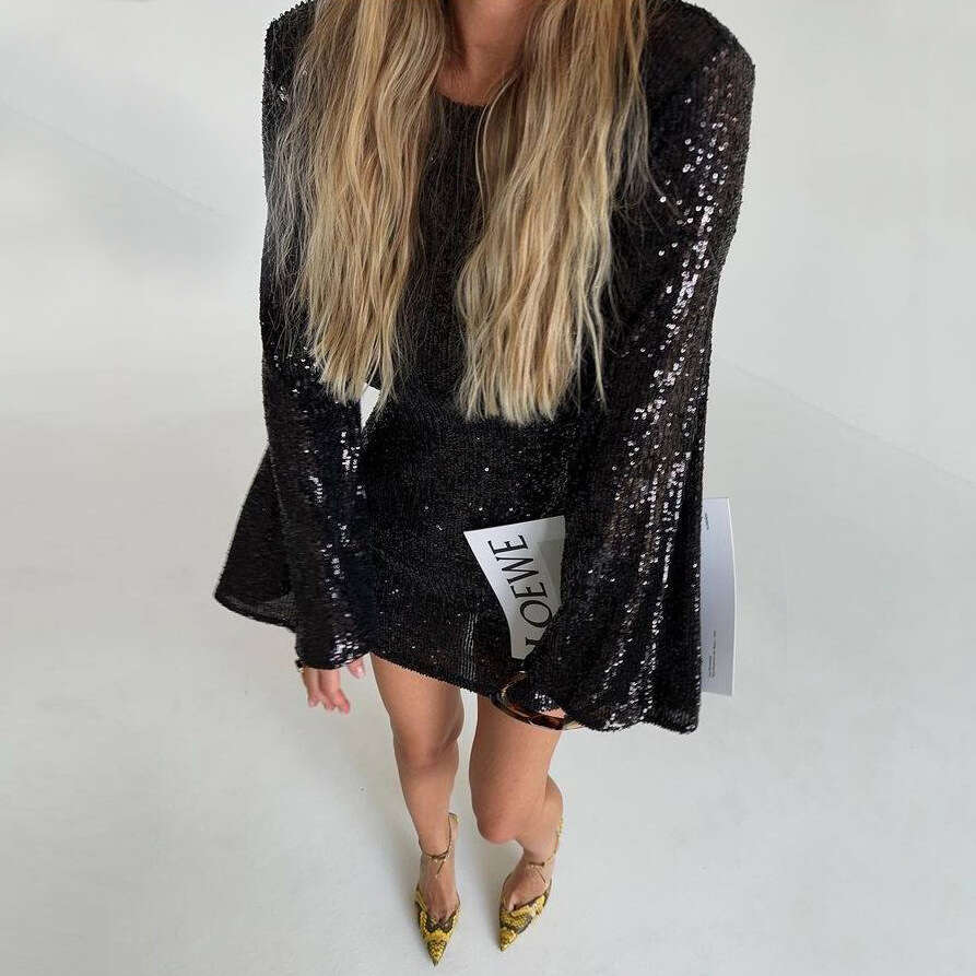 autumn winter European American women's hot selg sequined flared sleeves fashionable casual dress 2025 new style chic and elegant clothing