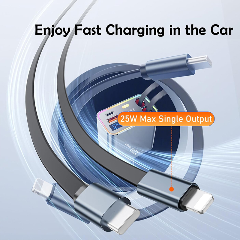 4-Port Retractable Car Charger - 144W Dual Type-C & USB A, Compatible with iPhone 16 Pro/16/15 Pro, Samsung Galaxy, Android Devices