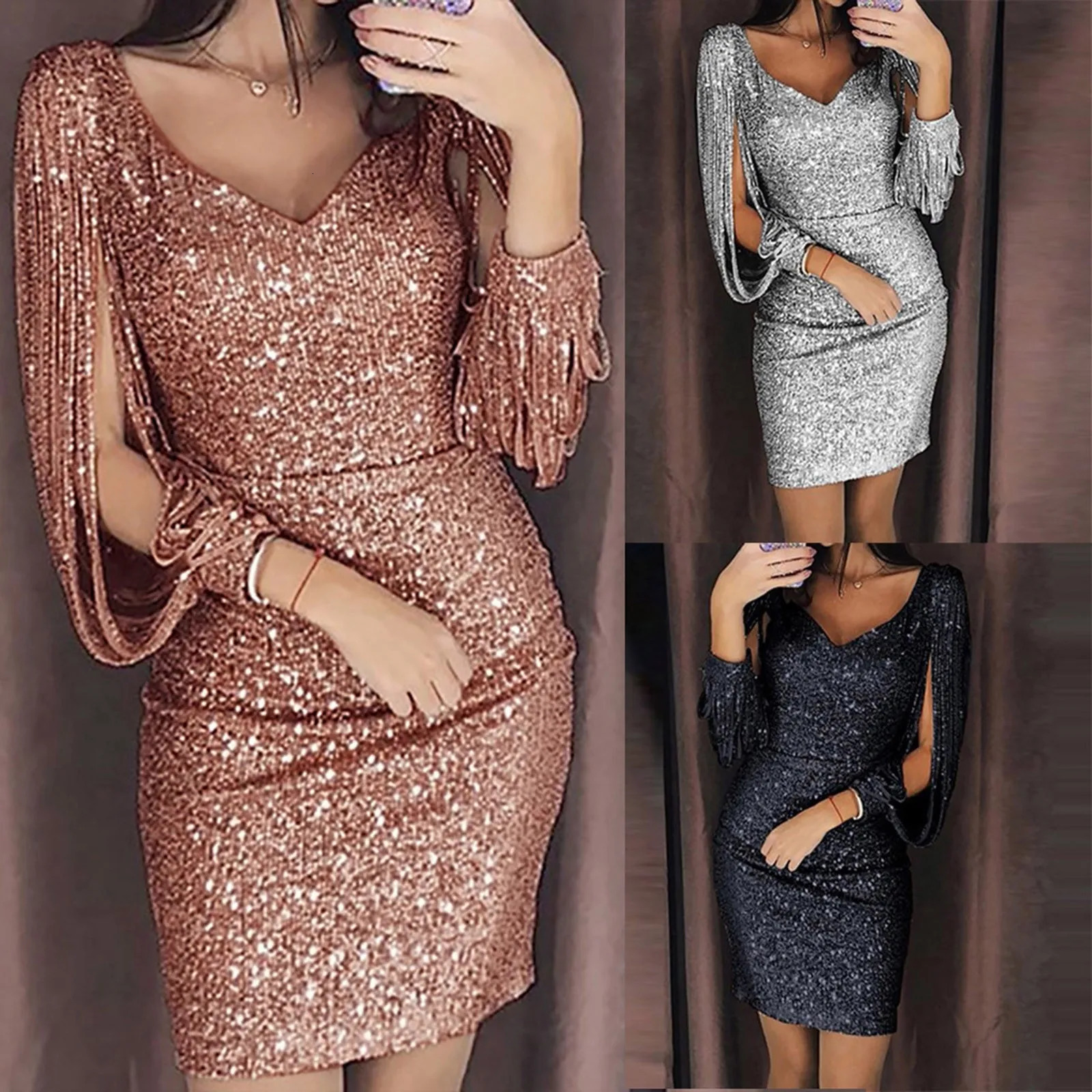 Women Bodycon Prom Dresses Elegant Sequined Tassels Long Sleeve Evening Dresses Solid Color Wrap Evening Party Dresses For Women 250113