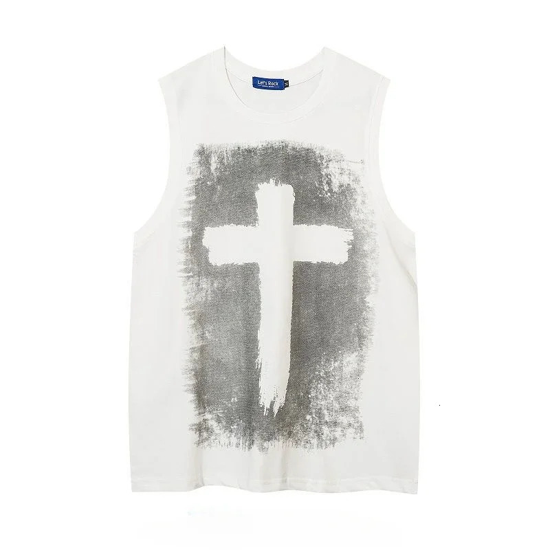 Floral vest trend high street American retro loose casual mens summer round neck sleveless shortsleeved Gothic cross print vest 250108