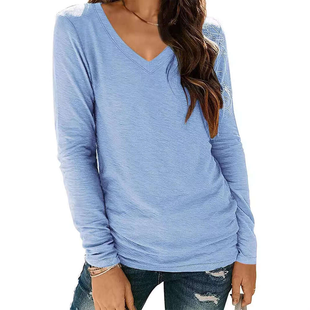 European American V-neck long sleeved women's solid color top T-shirt, 2025 new style, chic and elegant clothing