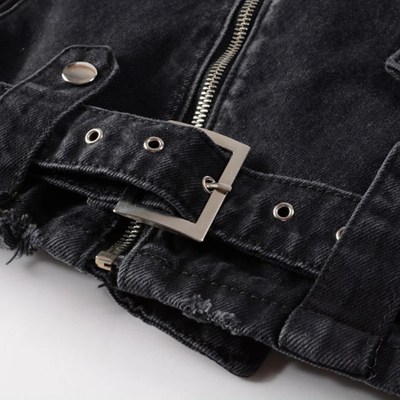 Sokotoo Mens zippers black biker jean jacket Streetwear thick denim slim coat with belt High quality 250116