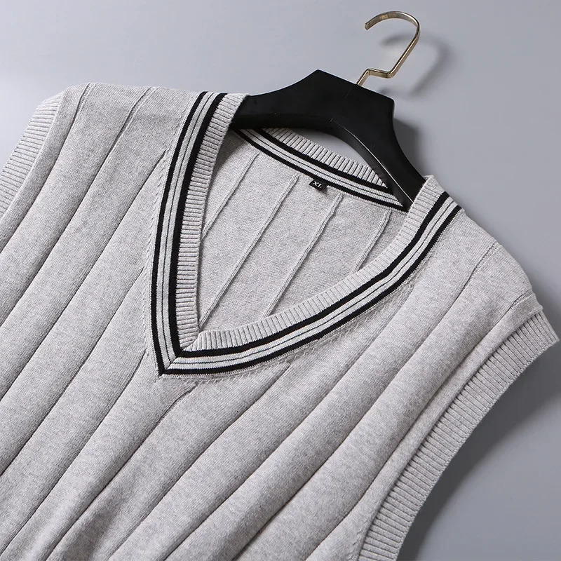 Winter Men Knit Vest Casual Knitted Sweater Cotton Waistcoat vNeck Knitwear Mens Slim Fit Striped Man Clothing 250114