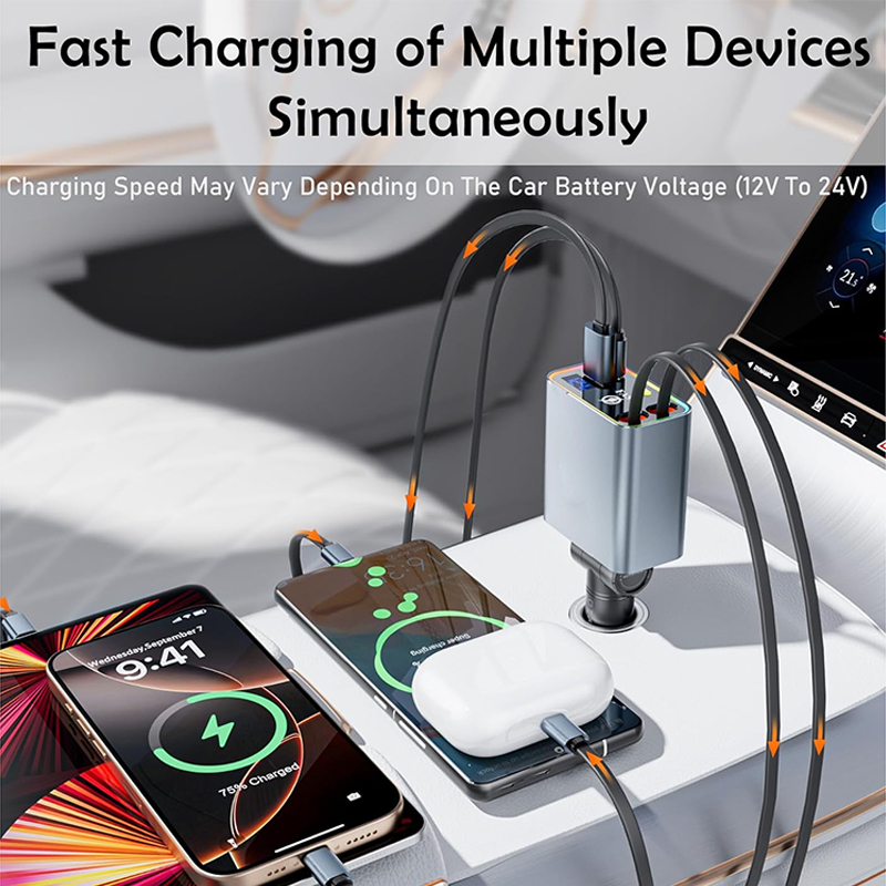 4-Port Retractable Car Charger - 144W Dual Type-C & USB A, Compatible with iPhone 16 Pro/16/15 Pro, Samsung Galaxy, Android Devices