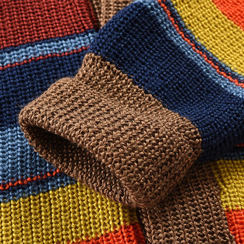 Trendy Mens Knitted Cardigans 2025 Spring Casual Button-up Lapel Sweatercoats Men Vintage Rainbow Striped Sweater Jacket Coats 250113