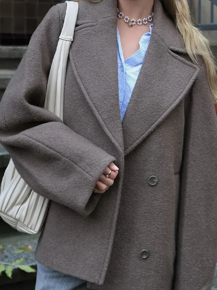 Chic Solid Lapel Long Sleeve Womens Woolen Coats Casual Oversized Pocket Single Breasted Jacket Female Vintage Outerwear 250109