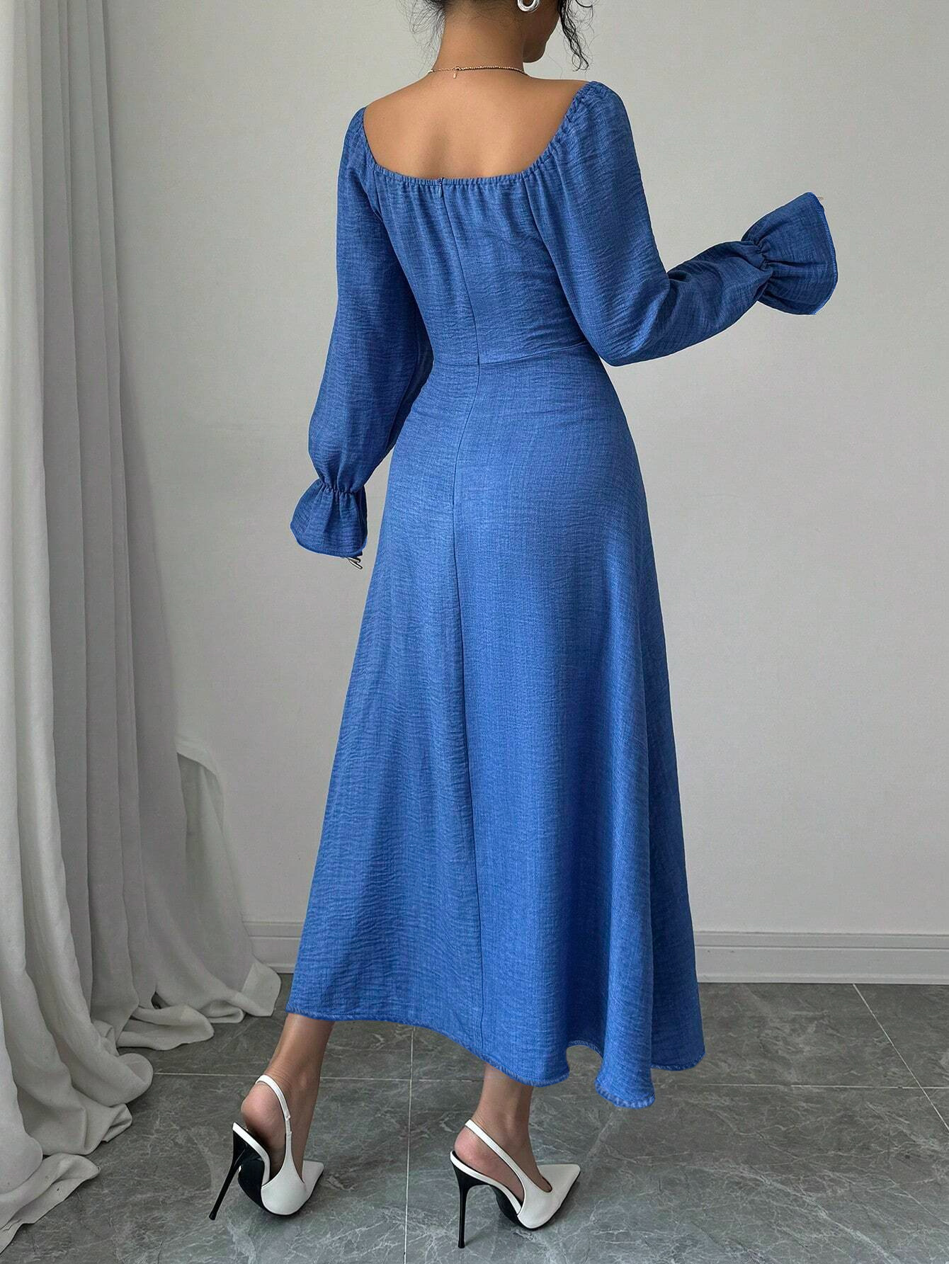 B8600 Slightly plump ladies square neck drape elegant lace-up slit waist long-sleeved dress