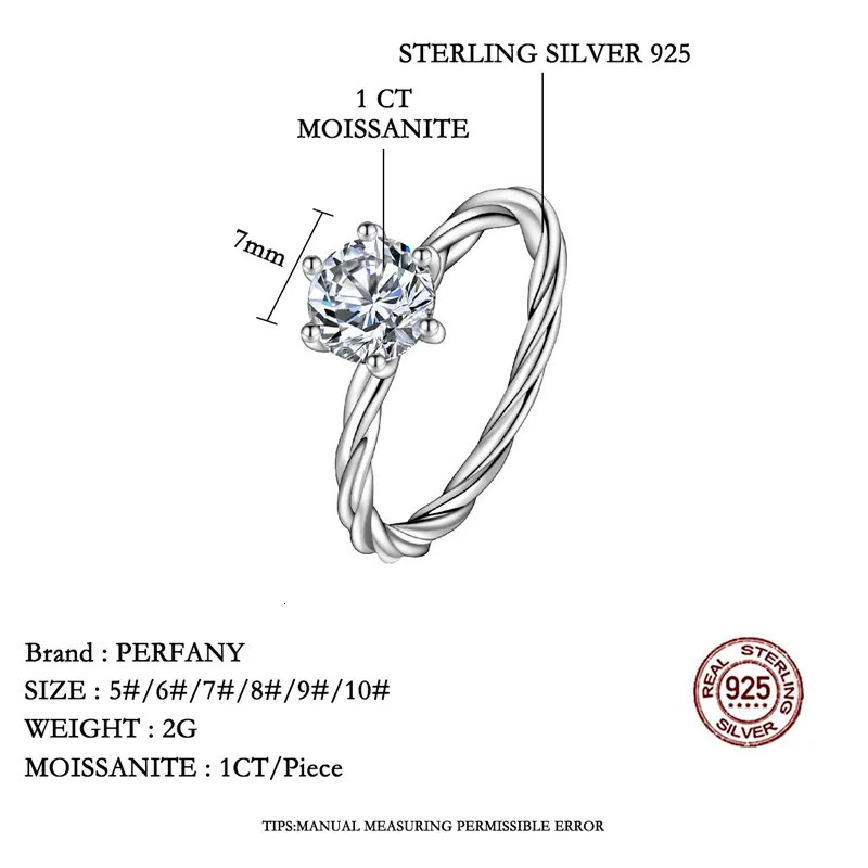 PERFANY 1CT Ring for Women S925 Pure Silver Sparkling Laboratory Cultivated Diamond Fashion Wedding Jewelry 250110