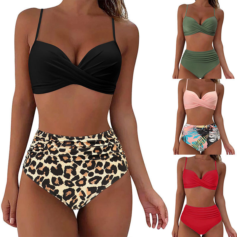 fashion tracksuit sexy high waisted leopard print split cross hard pack bikini swimsuit