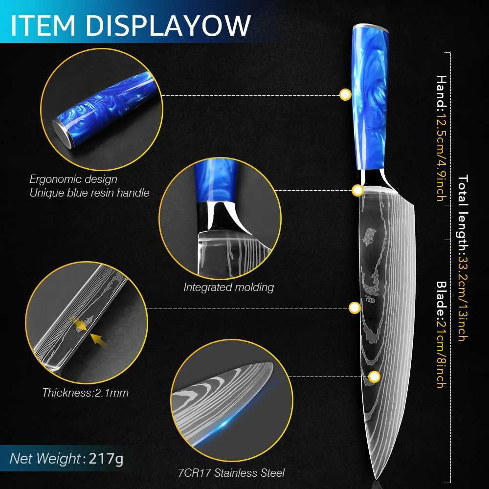 Kitchen Knives Set Chef Japanese Santoku Cleaver Slicer Utility Knife Blue Resin Handle Damascus Pattern 7CR17 440C SteelXJ250117