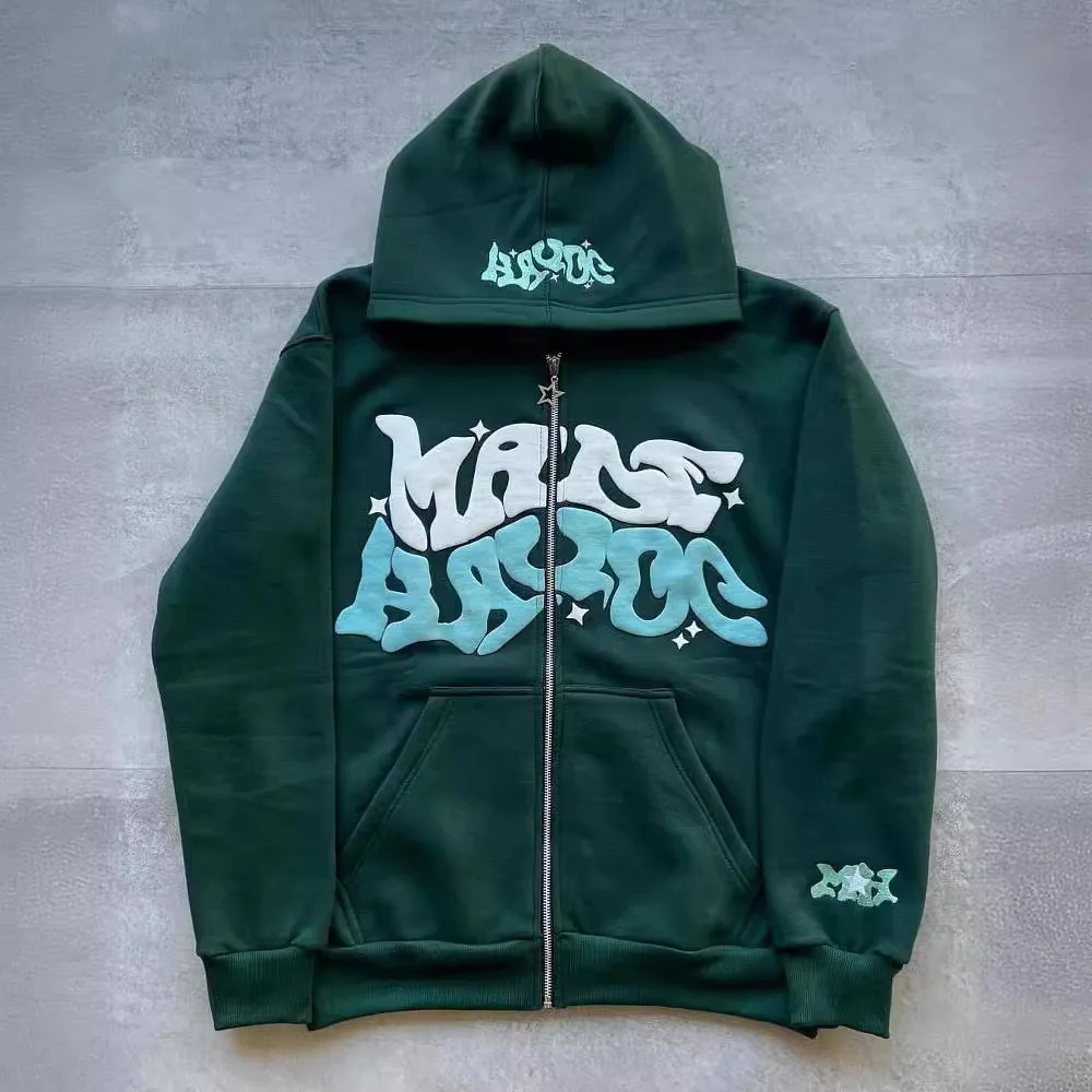 Y2k American Colorful Letter Print Zipper Hoodie Men Fashion High Street Oversized Sweatshirt Women Retro Casual Jacket 250109