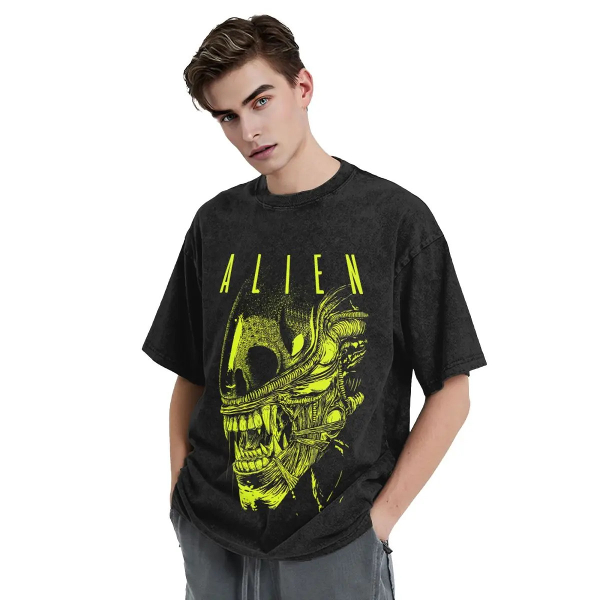 Xenomorph Essential Alien Mencosy woman Men Washed stamping Print T-ShirtHarajuku Cotton Tshirt Summer Short Sleeve Tees 250117