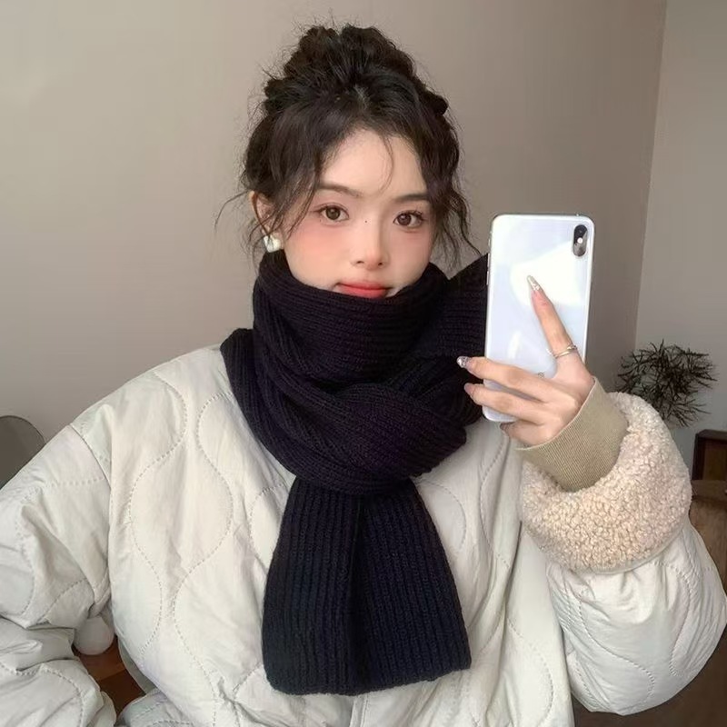 T097 Korean new white pure color knitted scarf winter women's soft atmosphere student wool warm neck scarf