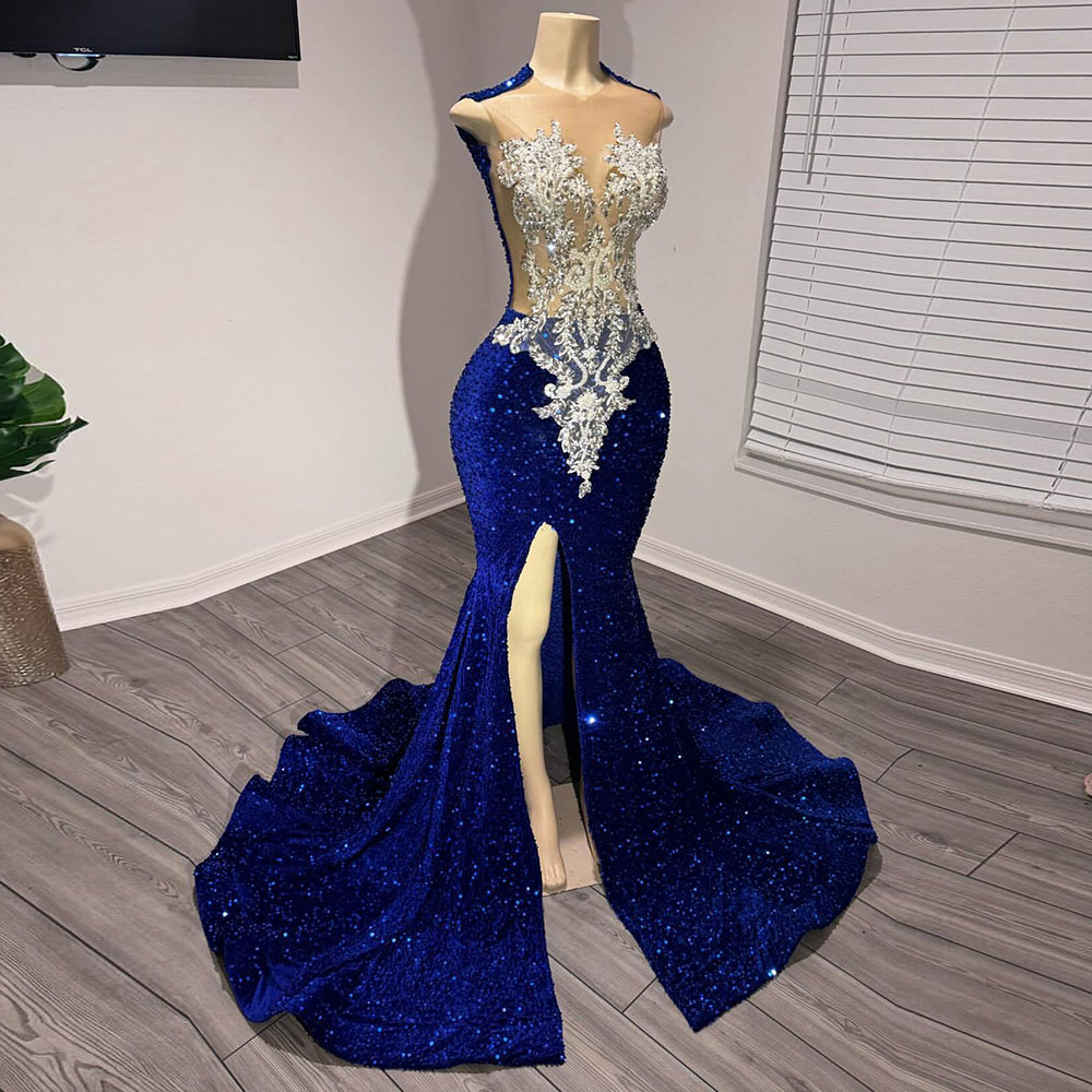 Luxury Blue Sequined Prom Dresses 2025 Slit Diamond Sparkly Black Girls Long Gala Party Gowns Customized