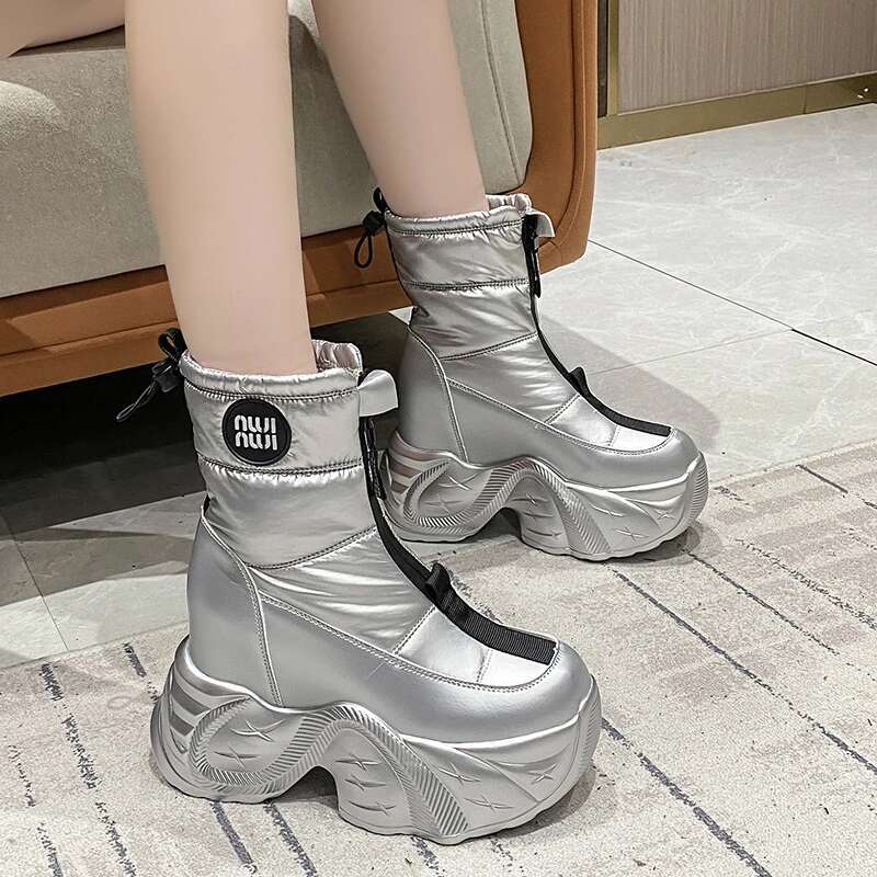 Winter Women's Fur Snow Keep Warm Chunky Short Boots Outdoor Plush Mid-Calf Shoes 10Cm Platform Anti-Skid Leather Sneakers