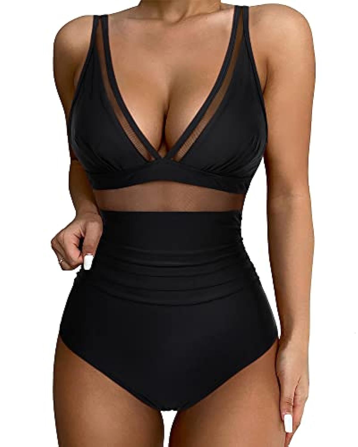 Mesh patchwork jumpsuit sexy tight fitting high waisted swimsuit backless bikini