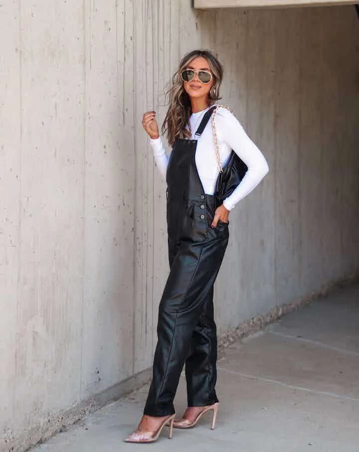 Women PU Leather Bib Overalls Solid Color Loose Casual Sleeveless Cargo Straight Leg 1 Piece Jumpsuit Romper With Pockets